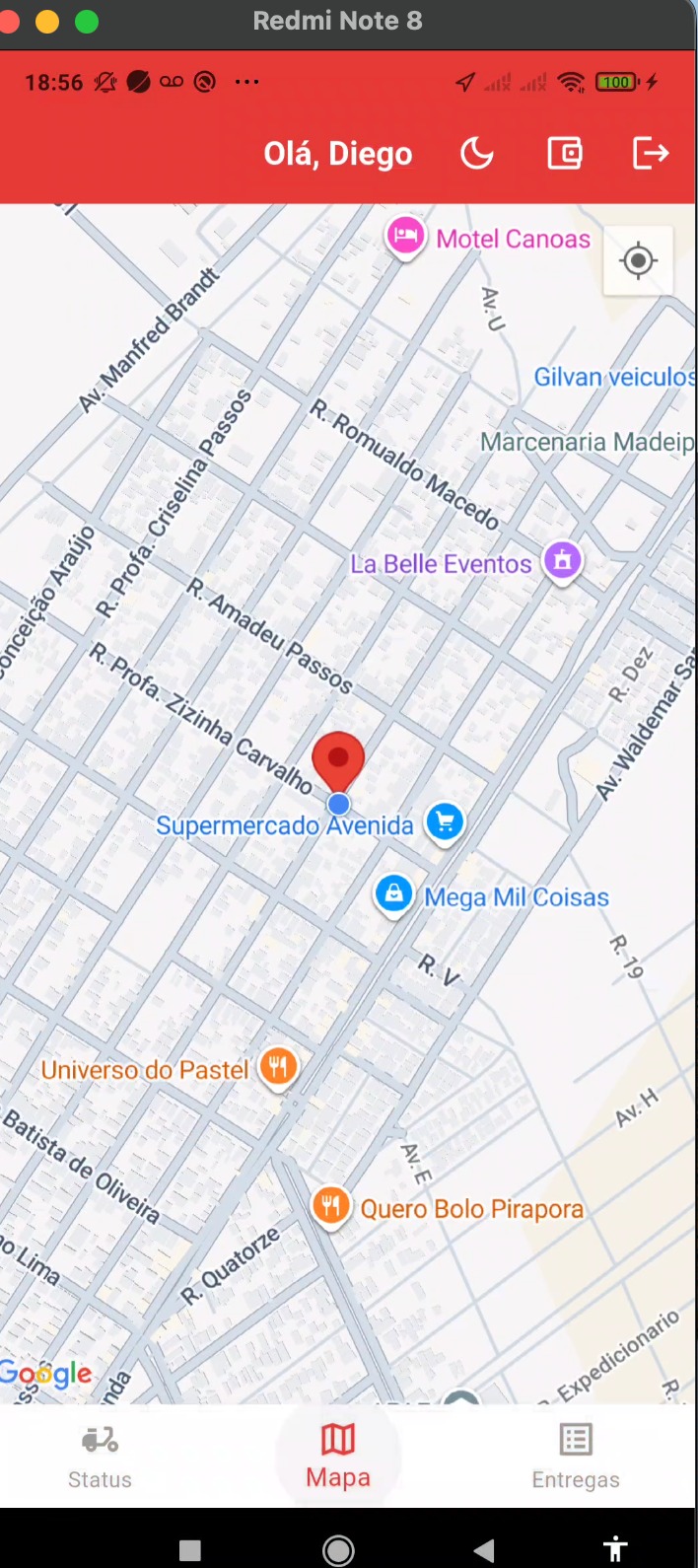 App do entregador com o mapa das entregas