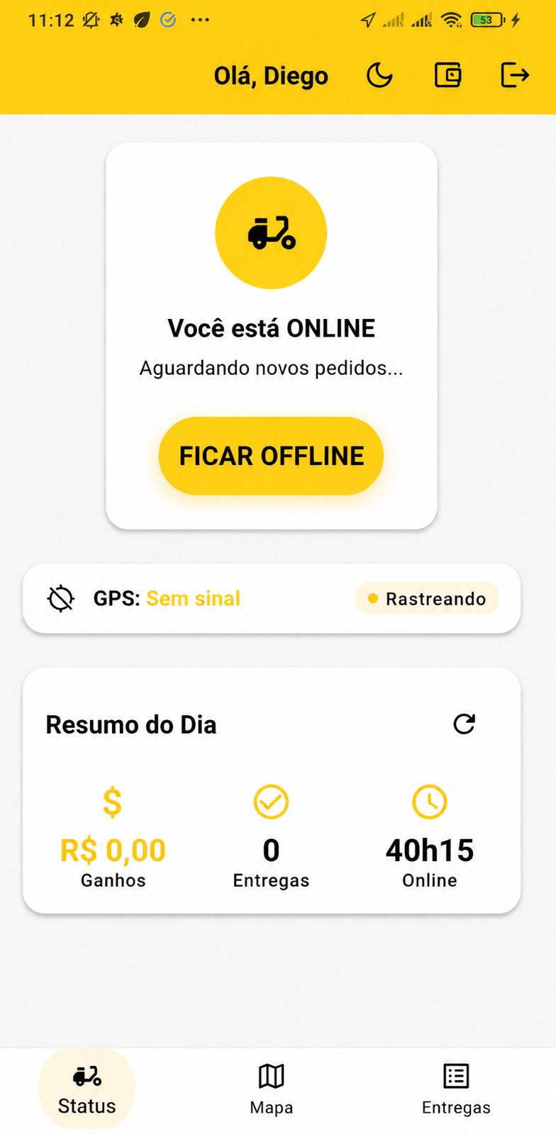 App do entregador mostrando status e resumo do dia