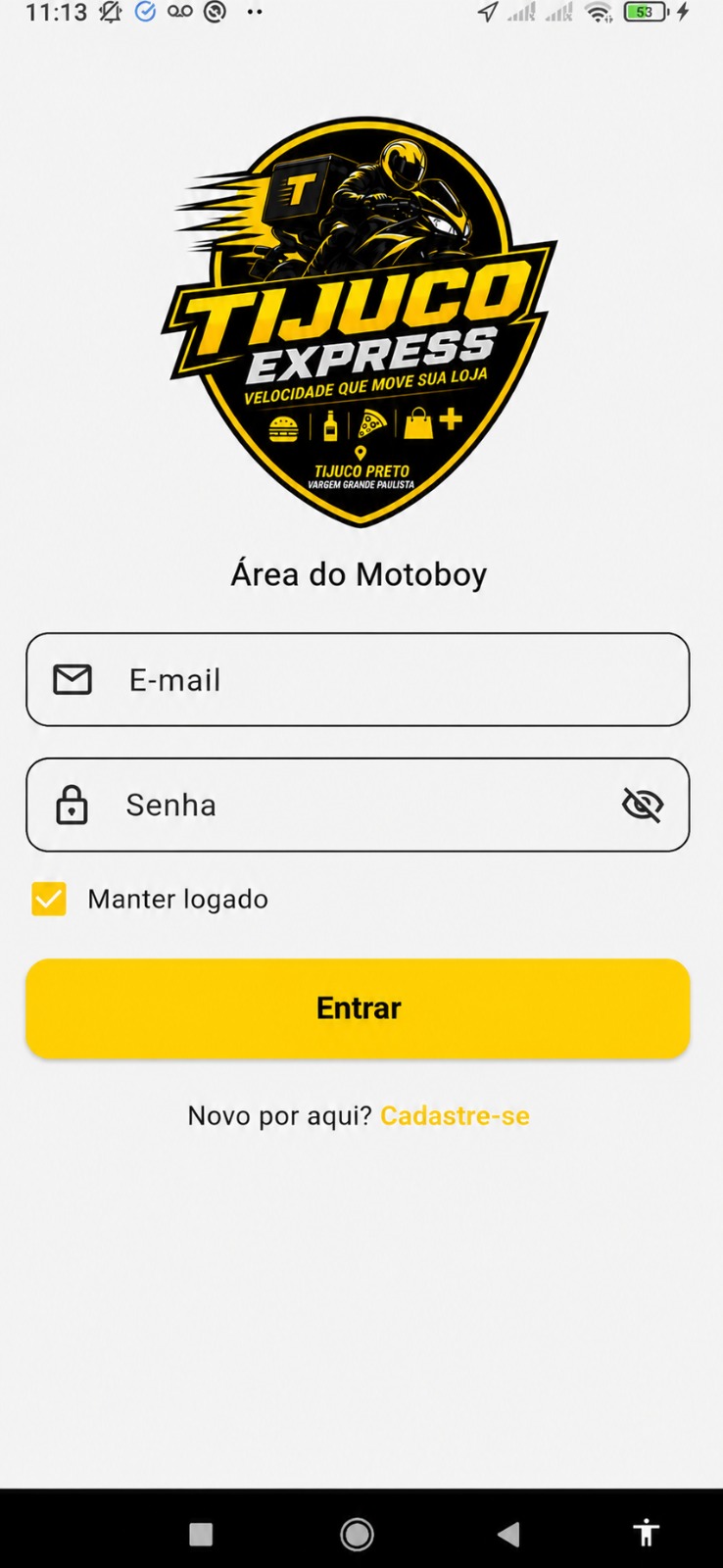 App do entregador com a marca Tijuco Express